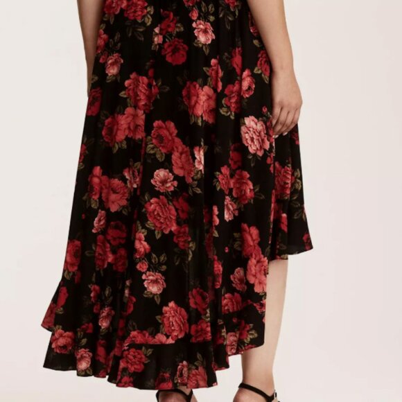 TORRID BLACK ROSE HI LO CHALLIS MAXI SKIRT 0 0X L 12 NWOT - Picture 3 of 3